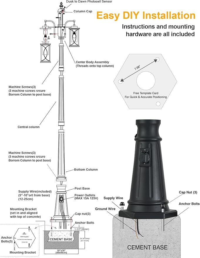 Dusk to Dawn Outdoor Lamp Post Light Modern 2-Head Street Pole Light Fixtures with Outlet Waterproof Black Outside Street Light Electric Lantern for Backyard Garden Patio Driveway