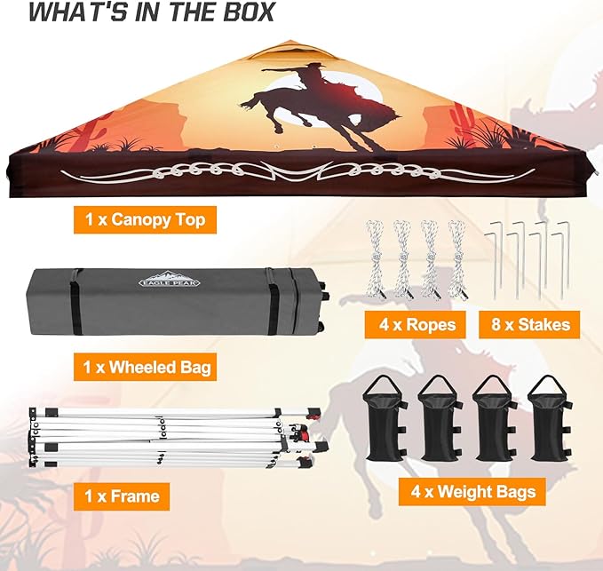 EAGLE PEAK Pop Up Canopy Tent with Wheeled Carry Bag 8 Stakes 4 Ropes 4 Weight Bags Easy Set Up Tent Canopy 10x10 ft 100sqft of Shade Cowboy