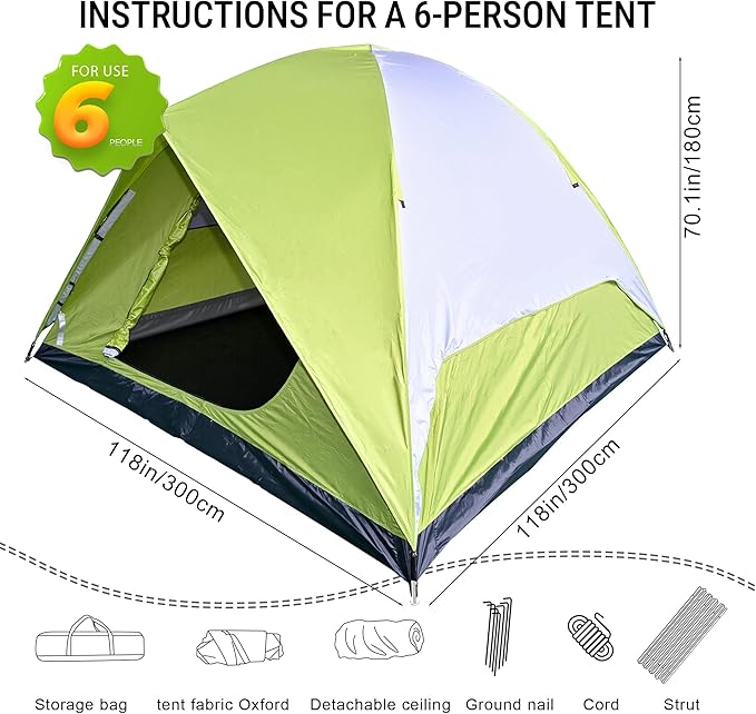 Dome Camping Tents for 6 Person Camping Tents Family Camping Tent Outdoor Easy Setup Waterproof Windproof 210D Oxford Fabric Ground Cloth (Green -6 People)