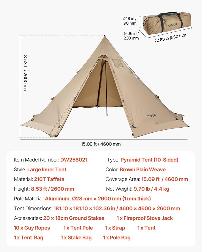 VEVOR Hot Tent Camping Tipi Hot Tents with Stove Jack Portable Winter Camping Tents with Snow Skirt Easy Setup Waterproof 4 Season Shelter Tents for Fishing Backpacking