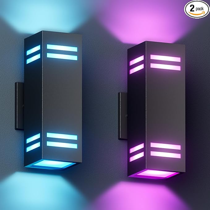 KIZON Modern Smart Porch Lights RGBCW Dusk to Dawn Outdoor Lights Color Changing App Control with Remote Dimmable WiFi Up and Down Lights Outdoor Sconce for House Theater Garage ETL Listed 2 Pack