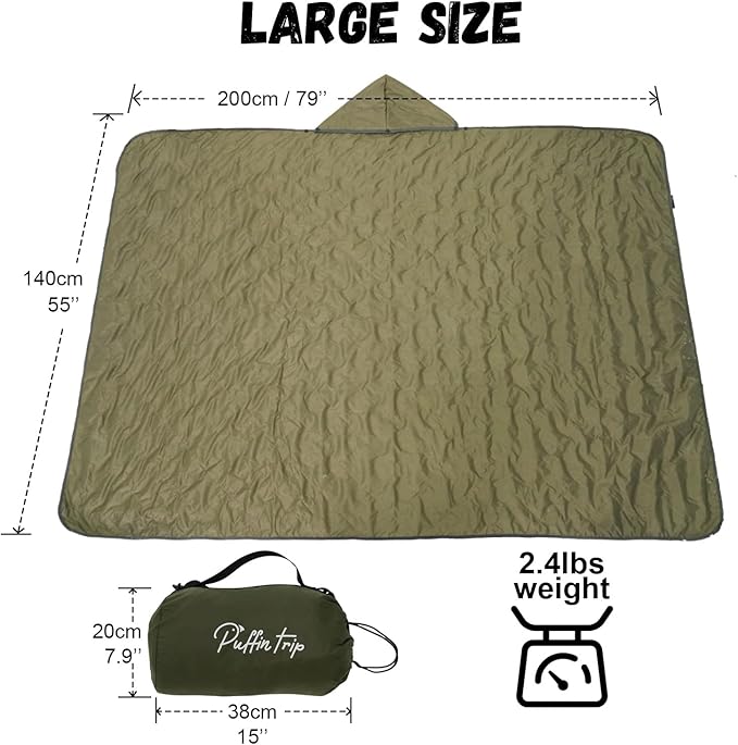 Wearable Warm Camping Blanket Waterproof Windproof Quilted Fleece Stadium Outdoor Blanket with Portable Bag for Cold Weather Picnic Sports Pet Beach Travel Car 79x55 inches Olive Green with Hat