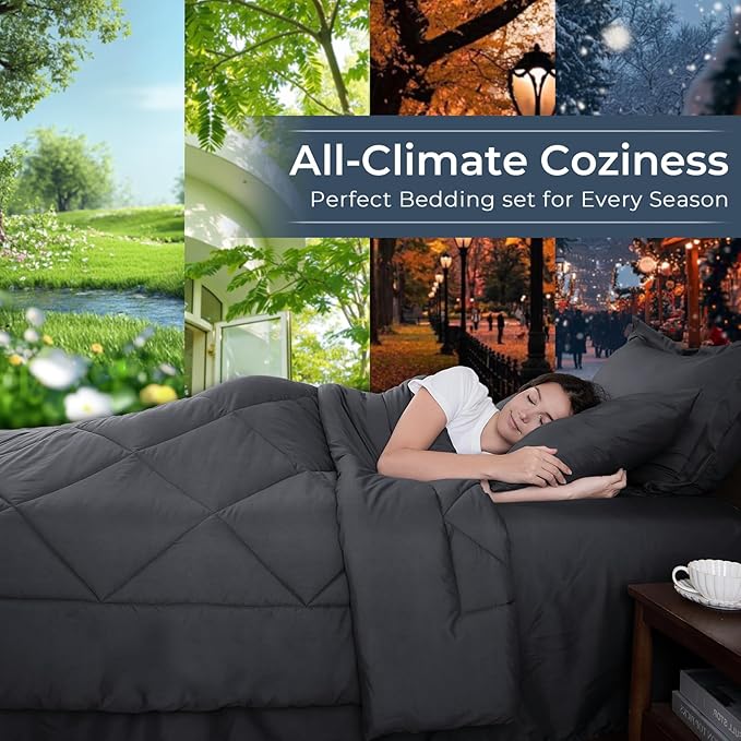 HEVUMYI 120x98 Oversized King Comforter Set Dark Grey- 7-Piece All Season Bed in a Bag Oversized King Soft Bedding Set with Comforter Flat Sheet Deep Pocket Fitted Sheet Pillowcases Pillow Shams