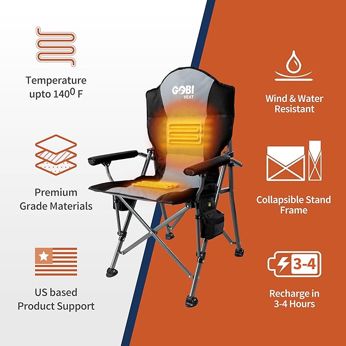 Gobi Heat - Terrain Portable Heated Camping Chair - Outdoor Folding Chair with Heated Filling - Winter Camping Essential - 3 Heat Settings (Slate)