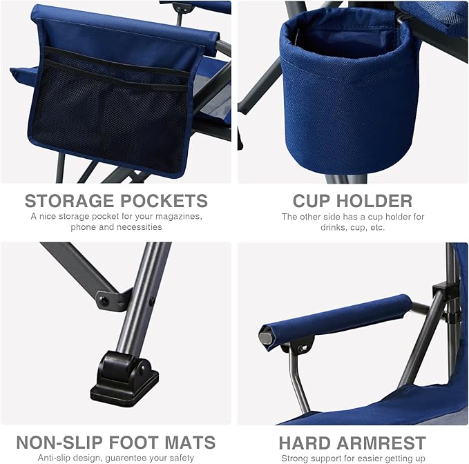 EVER ADVANCED Oversized Folding Camping Chair for Adults Heavy Duty Lawn Chair with Side Pockets Portable Collapsible Quad Chair for Outside Support Up to 500lbs Blue