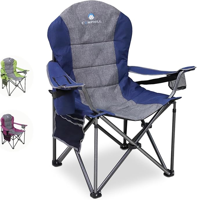 Northroad Oversized Portable Camping Chair Full Padded Outdoor Folding Chair Support 350 LBS Heavy Duty Lawn Chair with Cup Holder Cooler Bag Lumbar Support Head Pocket for Adult-Blue