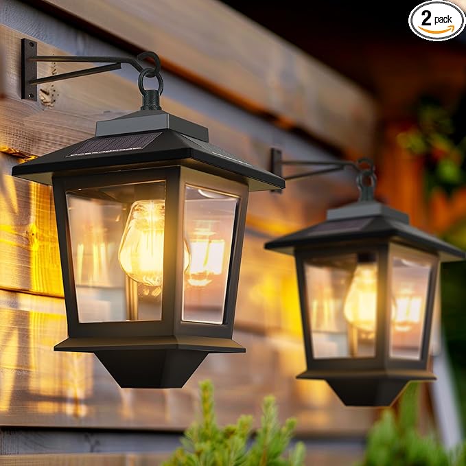 PASAMIC 2 Pack Solar Wall Lanterns with Replaceable BulbOutdoor Hanging Lights with 4 Solar PanelsDusk to Dawn Led Outdoor Wall Sconce Anti-Rust Waterproof Lanterns with Hooks3000K Warm White