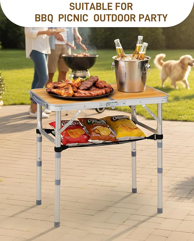 Outvita Folding Table 2FT Aluminum Camping Table with Storage Adjustable Height Picnic Table Lightweight for Carring Outdoor Party Events Beach