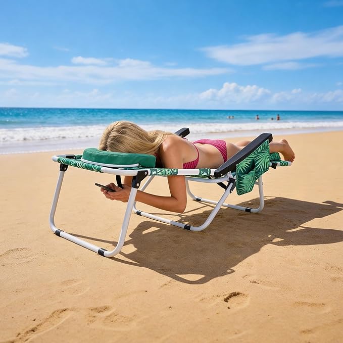 MOPHOTO 3 in 1 Beach Chairs Heavy Duty Beach Tanning Chair for Adults Lay Flat Recliner with 5-Position Adjustable Backrest Folding Outdoor Chair for Beach Pool Patio Camping