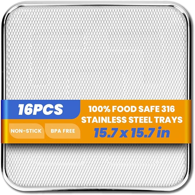 316 16pcs Stainless Steel Commercial Dehydrator Tray 15.7in Food Dehydrator Trays 16 Pack Fruit Dryer Trays BPA-Free Food Dryer Accessories