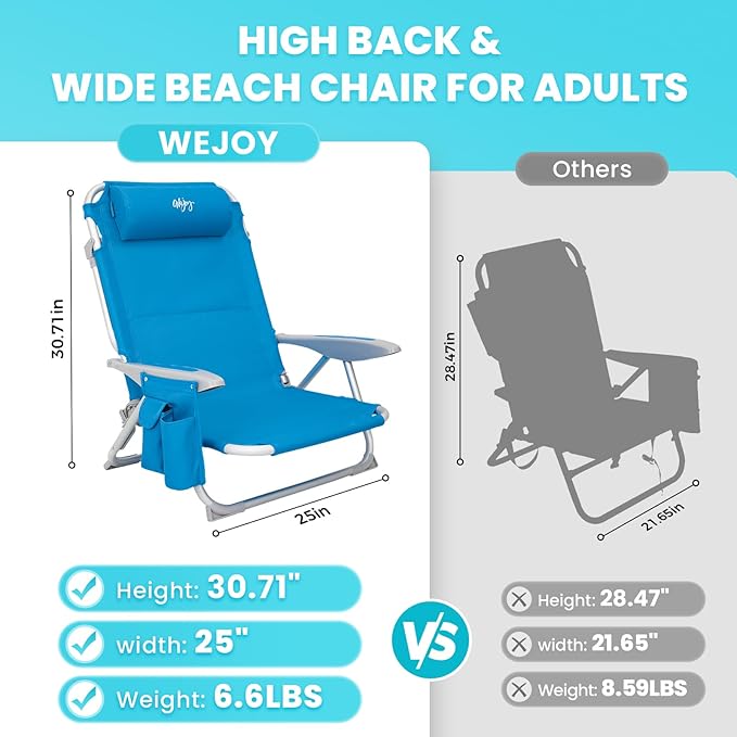 #WEJOY Beach Chair for Adults Reclining Adjustable Position Lay Flat Lightweight Folding Portable Aluminum Chair with Backpack StrapsPadded headrest Heavy Duty 400 lbs Lawn Chair for Beach Sand