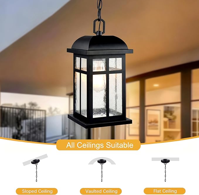 Outdoor Pendant Light for Porch Farmhouse Exterior Pendant Lantern Matte Black Outside Modern Hanging Porch Light with Seeded Glass for Door Patio Entryway Gazebo Breezeway Pergolas Yard