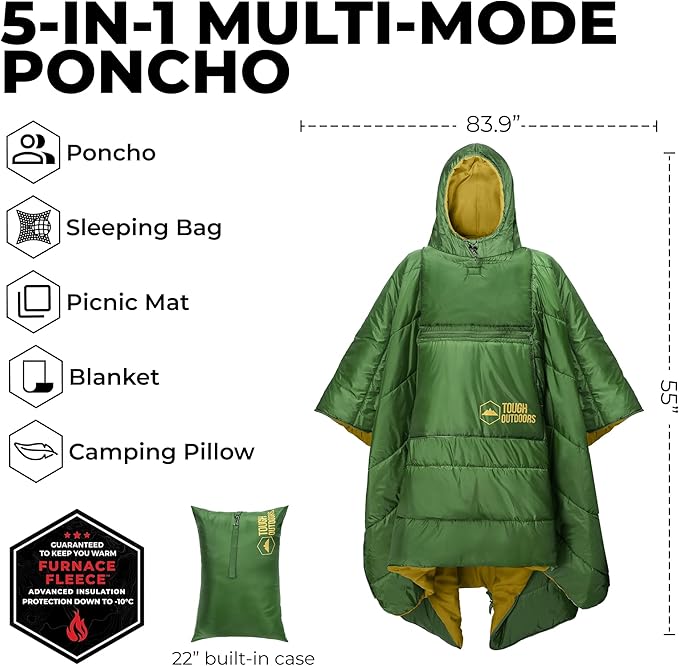 Tough Outdoors 5 in 1 Camping Poncho - Packable Blanket - Wearable Sleeping Bag Adult - Sleeping Bag Poncho - Waterproof