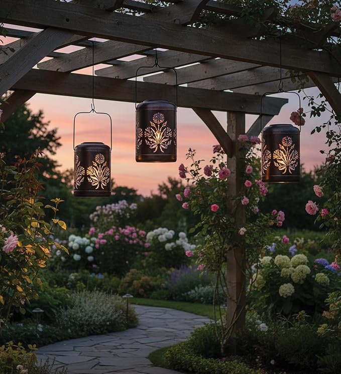 Regal Art &amp Gift Solar Flower Shadow Lantern Outdoor Waterproof Garden Décor Ideal Gift for Women Mom Grandma – Hanging Metal Solar Lights for Yard Patio Backyard Porch Blue