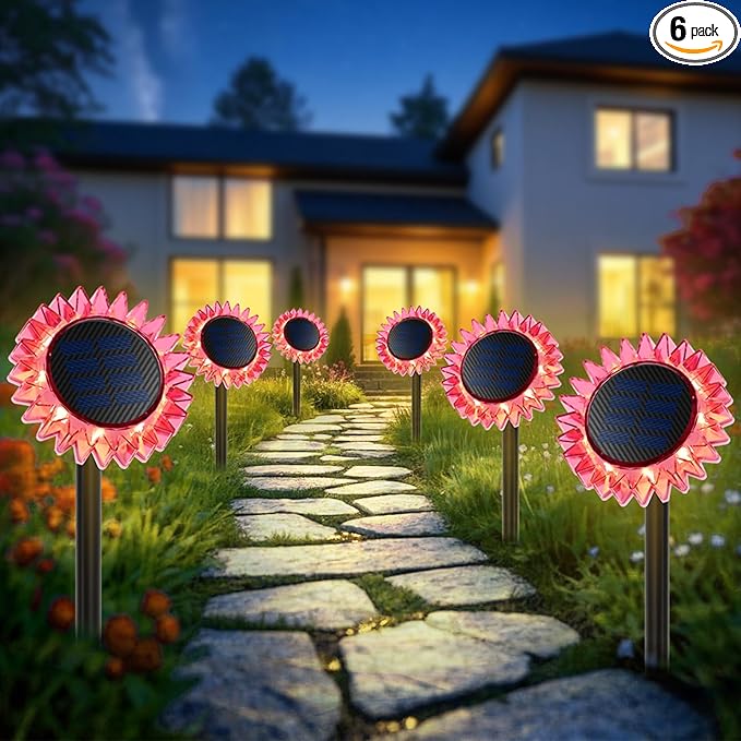 Outdoor Solar Lights 6 Pack Led Solar Sunflower Lights Stake/Wall 2-in-1 Waterproof Solar Garden Lights for Yard Landscape Fence Patio Driveway Pathway Backyard Decoration (Warm White)