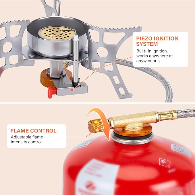 WADEO 3900W Windproof Camping Stove Camping Gas Stove with Piezo Ignition Backpacking Stove Portable Camping Stove with Two Fuel Canister Adapter for Outdoor Backpacking Hiking and Picnic