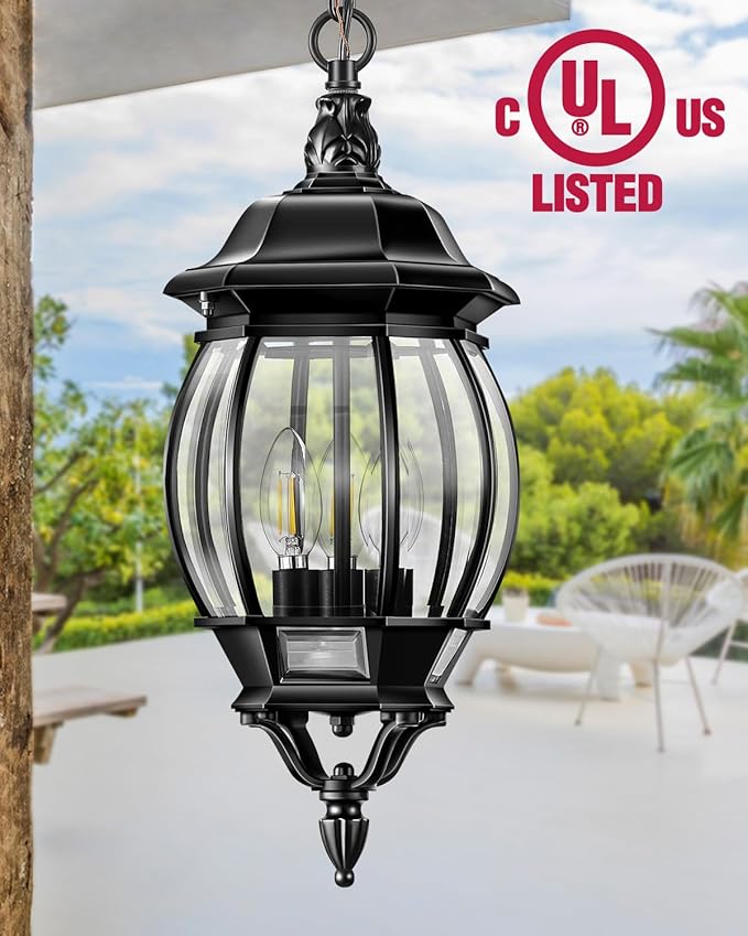 VIANIS 3-Light Large Pendant Light Fixtures Modern Exterior Hanging Lantern Light Waterpoof Matter Black Outdoor Chandelier for Porch with Adjustable Chain Outdoor Ceiling Lights for Front Patio