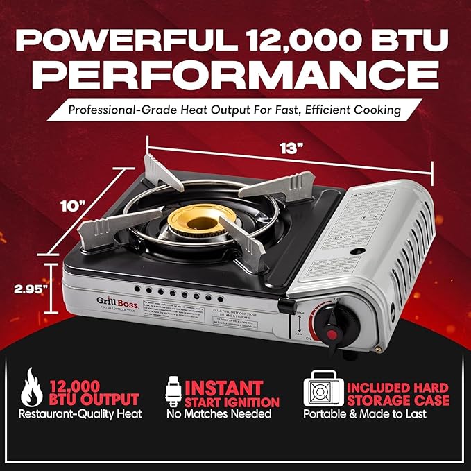 Grill Boss Dual Fuel Camp Stove - 12000 BTU Butane &amp Propane Portable Stoves for Camping Emergencies BBQ Hiking &amp Backpacking - Double Wind Guard Instant Piezo Ignition System - 90057