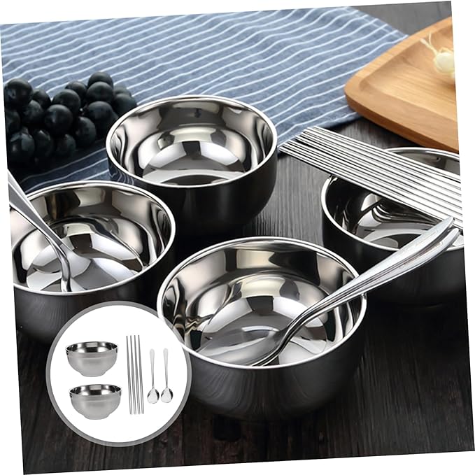 STOBAZA Portable Retro Stainless Steel Bowl Set Chopsticks and Spoons 3-Piece Tableware for Family Dining Dishwasher Safe