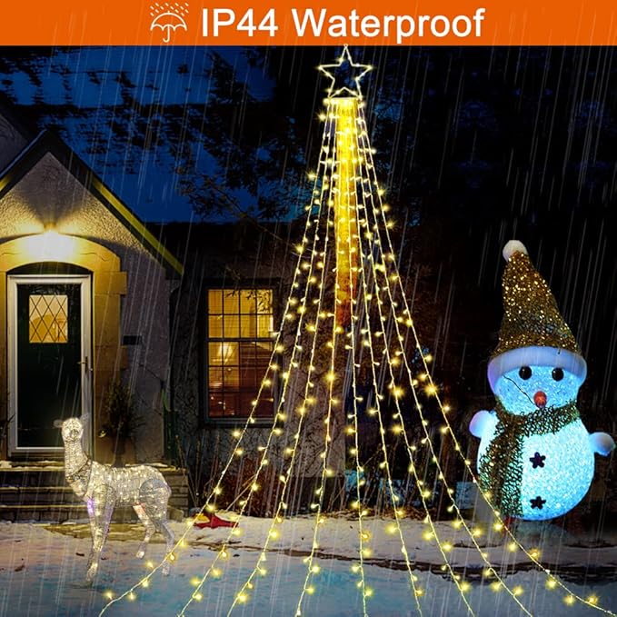 Christmas Decoration Lights Outdoor Christmas String Light 320 LED 11.5 Ft Waterfall Tree Lights with Big Star Topper 8 Light Modes for Xmas New Year Holiday Garden Yard Indoor Outdoor Decor