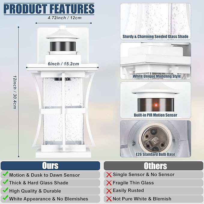 2 Packs White Motion Sensor Outdoor Lights - Advanced Dusk to Dawn Outdoor Lighting Waterproof Exterior Light Wall Mount Fixtures Anti-Rust Porch Outside Lights Wall Sconce for House Garage Square