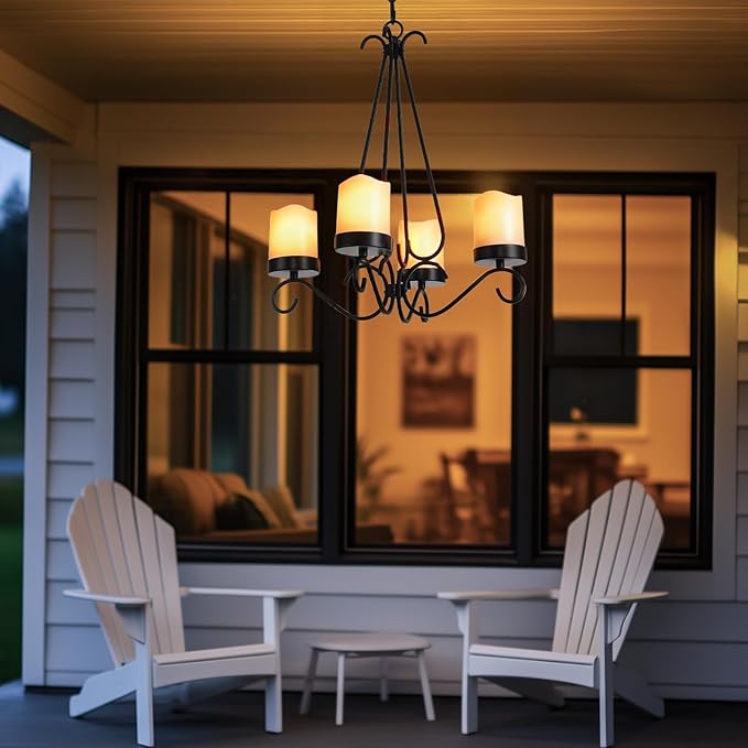 HOXIYA Battery Operated Outdoor Lights 4 Light Battery Powered Pendant Light Waterproof Wireless Hanging Chandelier Led Candle Light with Remote for Porch Patio Pergola Gazebo Canopy Tent Decor