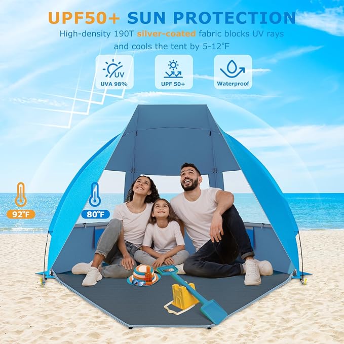Gorich Portable Beach Tent for 3/4-5/6-7 Person with UPF 50+ UV Protection Lightweight &amp Foldable Sun Shelter with 5 Sand Bags Easy Setup Windproof Beach Umbrella Sun Shade