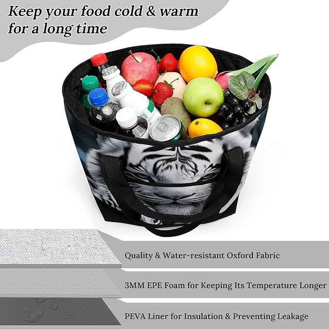 Insulated Shopping BagLarge Reusable Cooler Bags White Tiger Printed Foldable Shopping BagTravel Waterproof Shoulder Bag