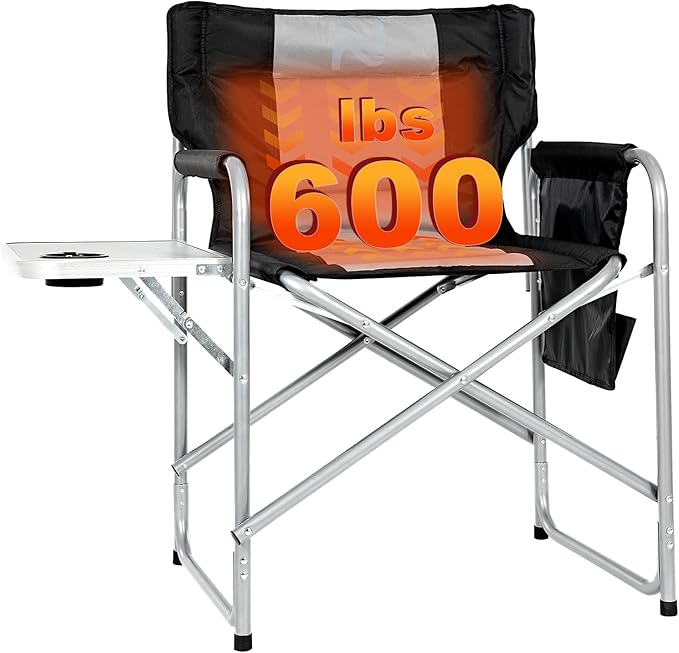 MOPHOTO Heated Camping Chair Portable Directors Chair with 3 Heat Levels Outdoor Heating Folding Camp Chairs with Side Table Pocket for Camping Fishing Picnic Lawn
