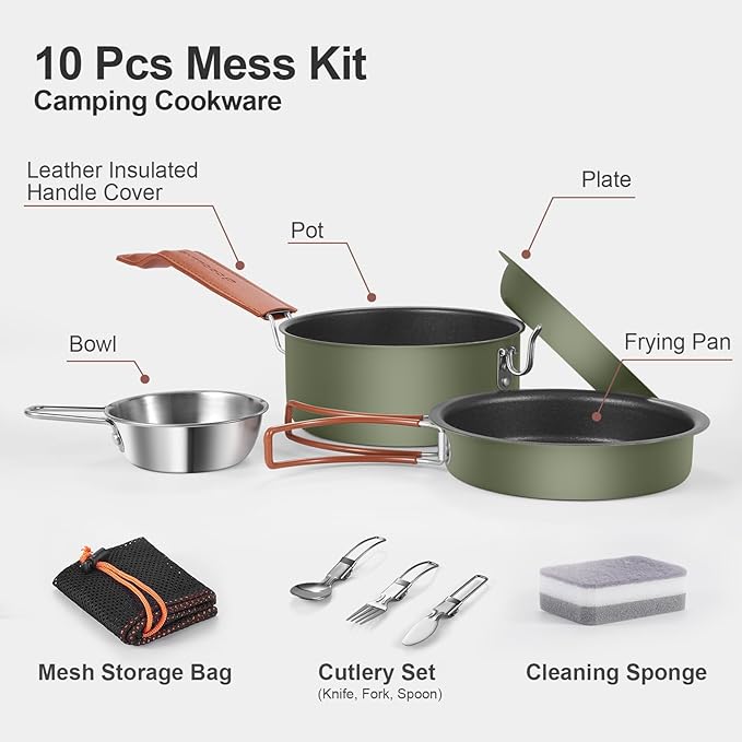 Odoland 10pcs Camping Cookware Non-Stick Camping Pot and Pan Set with Plate Bowl Fork Knife Spoon for Backpacking Hiking Outdoor Cooking and Picnic
