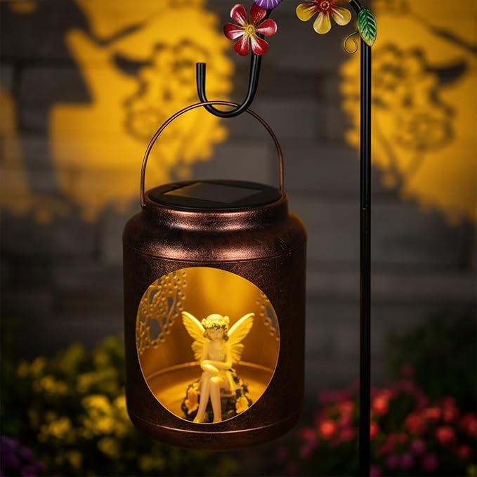 Metal Solar Lantern with Fairy Patterns &amp Resin Fairy Statue Inside Garden Decor Gifts for Women Mom Grandma Hanging Solar Lights Decoration Outside for Yard Patio Porch(Shepherds Hook Included