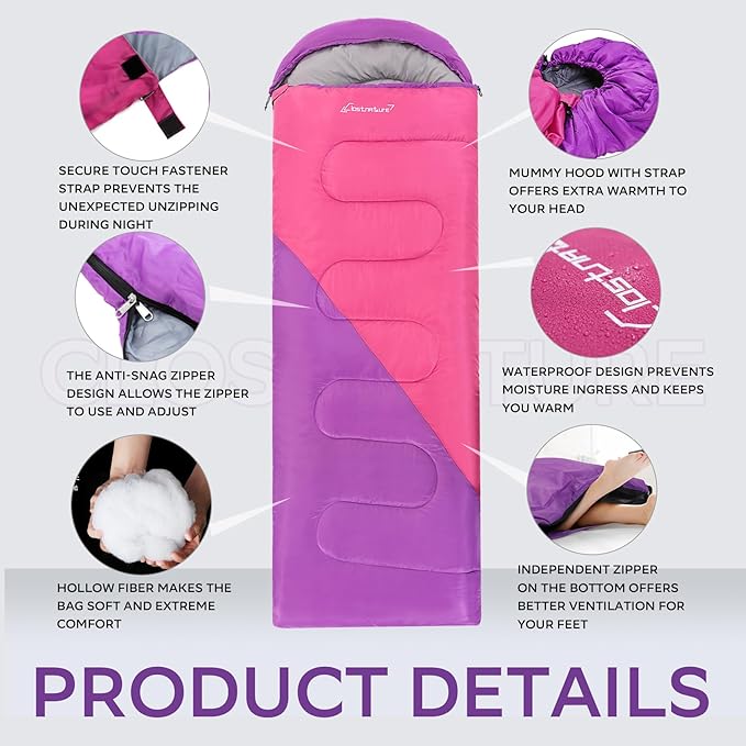 Clostnature Sleeping Bag for Adults and Kids - Lightweight Camping Sleeping Bag for Girls Boys Youths Ultralight Backpacking Sleeping Bag for Cold Weather - Compression Sack Included(Right Zipper)