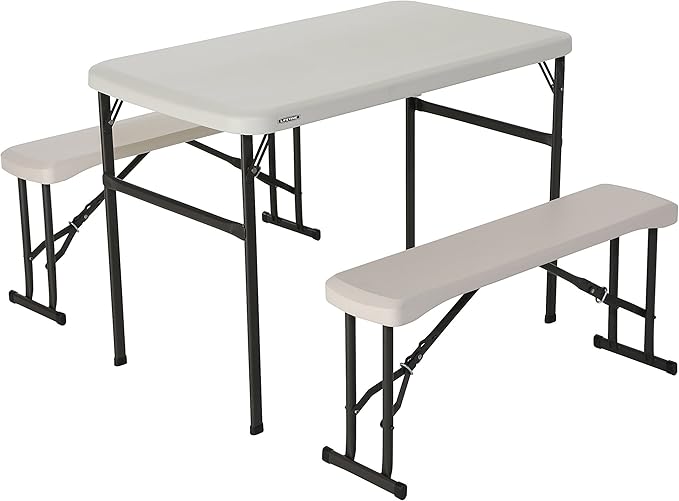 LIFETIME 80373 Portable Folding Camping RV Picnic Table and Bench Set Almond