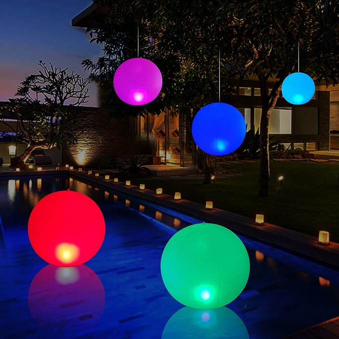 Rukars Floating Ball Pool Light Solar Powered 4 PCS 14 Inch Inflatable Hangable IP68 Waterproof Rechargeable Color Changing Led Glow Globe Pool