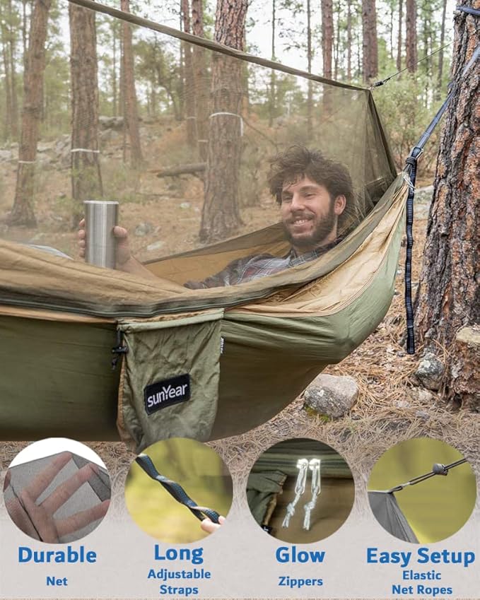 Sunyear Hammock Camping with Rain Fly Tarp and Net Portable Camping Hammock Double Tree Hammock Outdoor Indoor Backpacking Travel &amp Survival 2 Tree Straps100% Waterproof