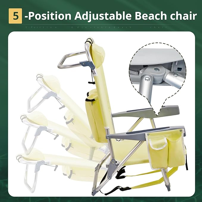 Backpack Beach Chairs Low 5 Position Beach Chair with Pouch Straps Folding Lightweight Reclining Aluminum Lay Flat Single (Yellow Low)