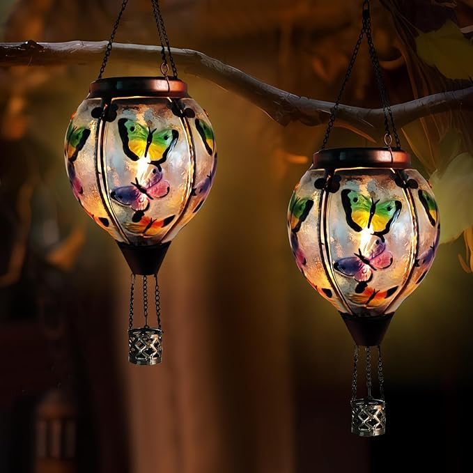 Glass Solar Hot Air Balloon Lantern with Flame Hanging Garden Flickering Light Outdoor Waterproof for Yard Patio Tree Mother's Day Gift Butterfly