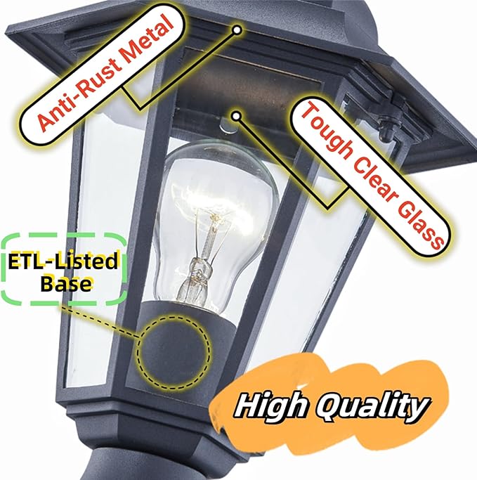 WISBEAM 2 Packs Outdoor Post Light Pole Lantern E26 Base 60W Max Aluminum Housing Plus Glass Wet Location Rated ETL Qualified Bulbs not Included Black