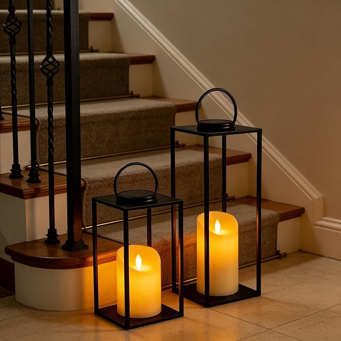 Set of 2 Large Solar Lanterns Outdoor Lighting 18 &amp 11 Inch - Black Metal Waterproof for Porch Patio Garden Decor Farmhouse Style All Year Round with Solar Candles