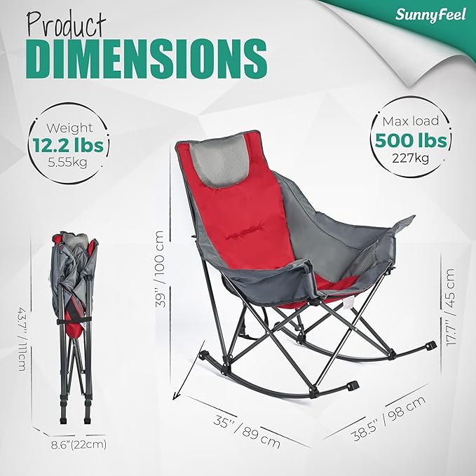 SUNNYFEEL Oversized Rocking Camping Chair 2 Pack Fully Padded Patio Chair with Side Pocket High Back Portable Lawn Recliner with Carry Bag Outdoor Rocker Camp Chairs for Adults Heavy Duty 500 LBS