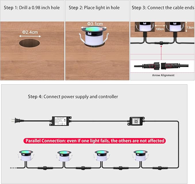 Recessed Step Lights RGBW+IC Led Lights Outdoor Waterproof IP67 1.22 Deck Lighting Wi-Fi Deck Stair Light DC12V Low Voltage Music Sync 20 Pack