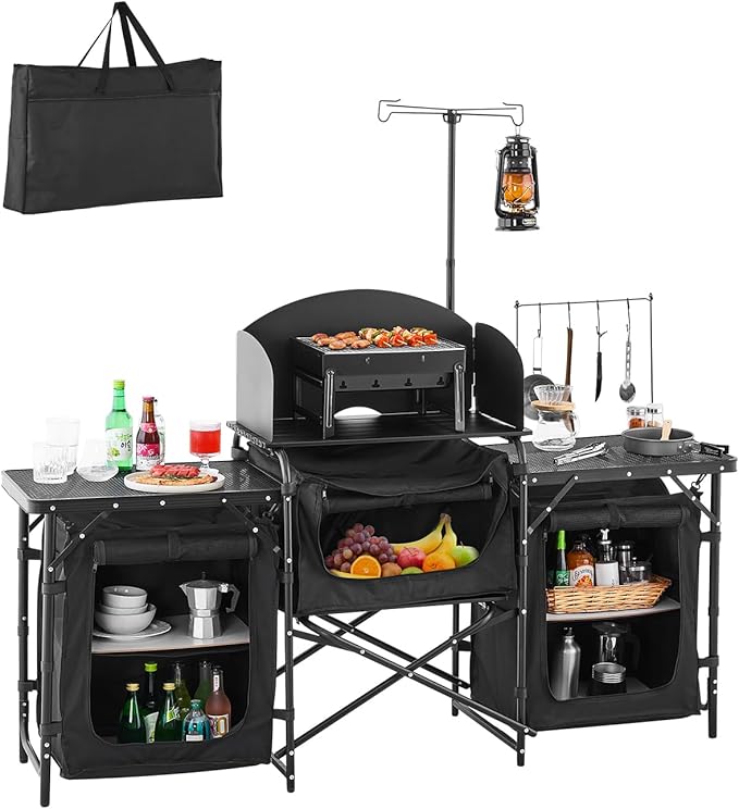 VEVOR Camping Kitchen Table Outdoor Camp Cooking Table Aluminum Portable Cook Station with 3 Storage Cupboard Carrying Bag Detachable Windscreen Quick Set-up for BBQ Party Picnic RV Travel Black
