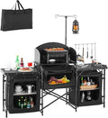 VEVOR Camping Kitchen Table Outdoor Camp Cooking Table Aluminum Portable Cook Station with 3 Storage Cupboard Carrying Bag Detachable Windscreen Quick Set-up for BBQ Party Picnic RV Travel Black