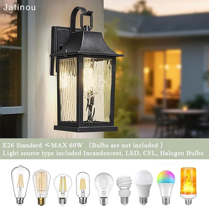 Outdoor Wall Light 13 Sconce with Water Pattern Glass Waterproof &amp Rustproof Exterior Lighting Weatherproof Front Porch Lightsfor House Garage Doorway Patio (1 Pack Black)
