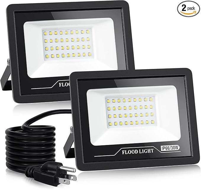 2 Pack LED Flood Light Outdoor Flood Lights 30W3000LM Work LightIP66 Waterproof Outdoor Floodlights 6000K Daylight White Security Light for YardGarageGarden