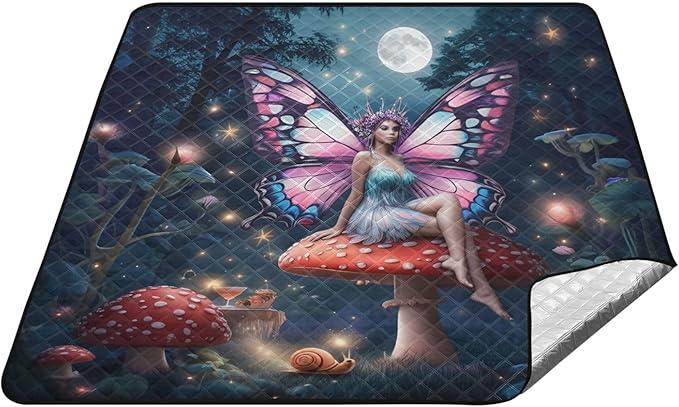 Fairy Mushroom Blue Picnic Blanket Waterproof Camping Rug Large Picnic Blankets Outdoor Beach Blanket Mat for Family Vacation Accessories 79''x79''