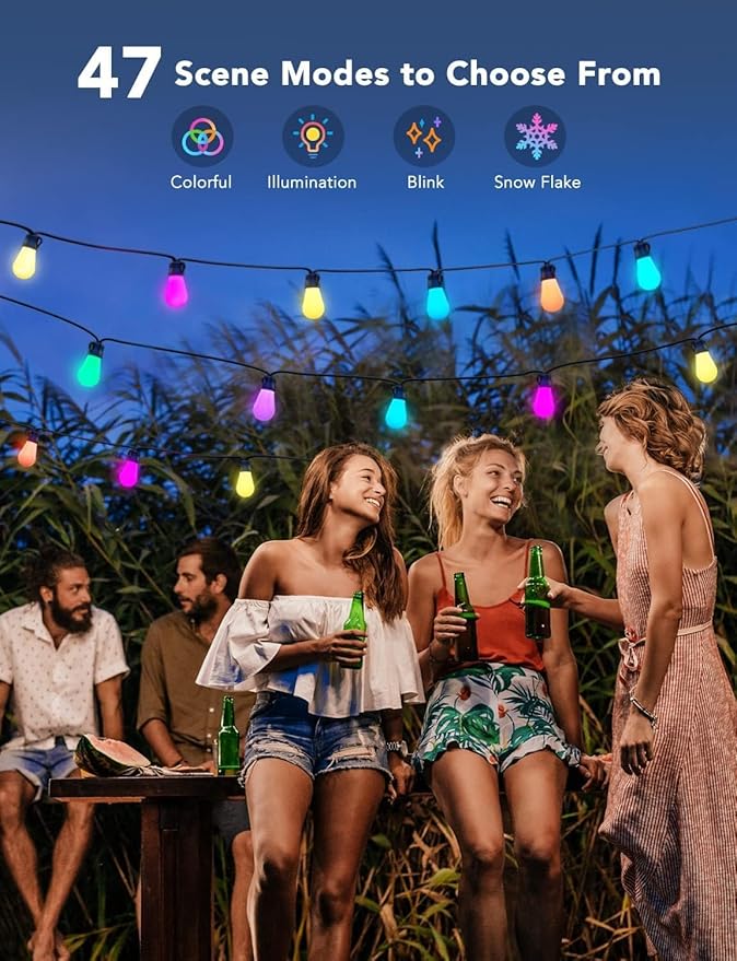 Govee Smart Outdoor String Lights H7016 96ft RGBIC Outdoor Lights with 30 Dimmable LED Bulbs IP65 Waterproof Color Changing Warm White Lights with 47 Scene Modes for Patio Backyard App Control