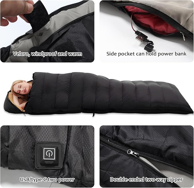 Heated Sleeping Bags for Adults Compact Waterproof 3 Gear Temperature Sleeping Bag Camping Essentials USB Rechargeable Heating Pads 4 Heating Areas for Backpacking Hiking