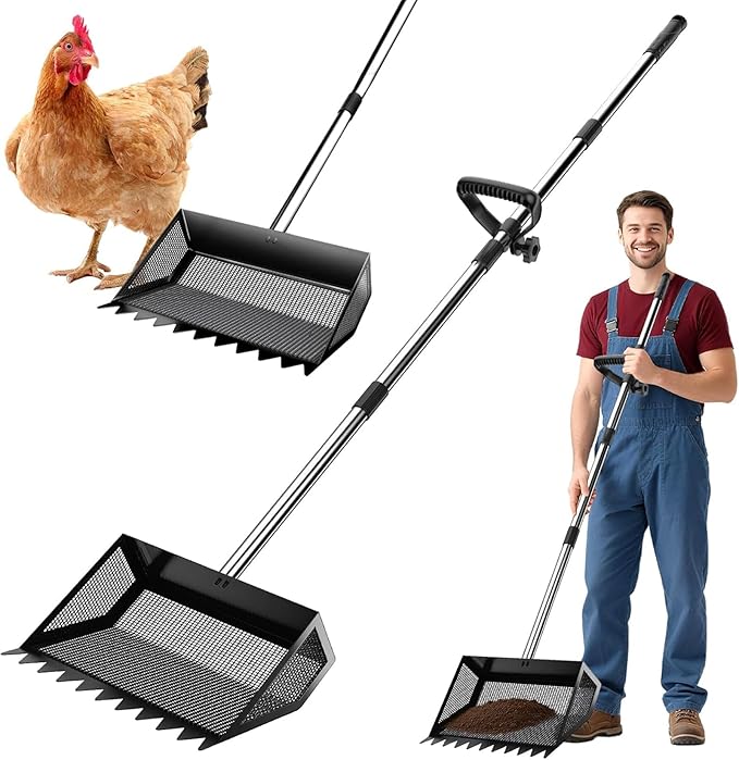 Adjustable manure shovel made of stainless steel with ergonomic and sieve plate for poultry farms. Durable manure shovel made of iron with rubber chain