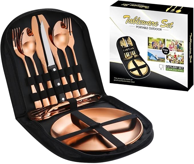 Camping Mess Kits with Portable Case Stainless Steel Outdoor Picnic Dinnerware Set with Plate Spoon Fork Knife Cloth Napkins